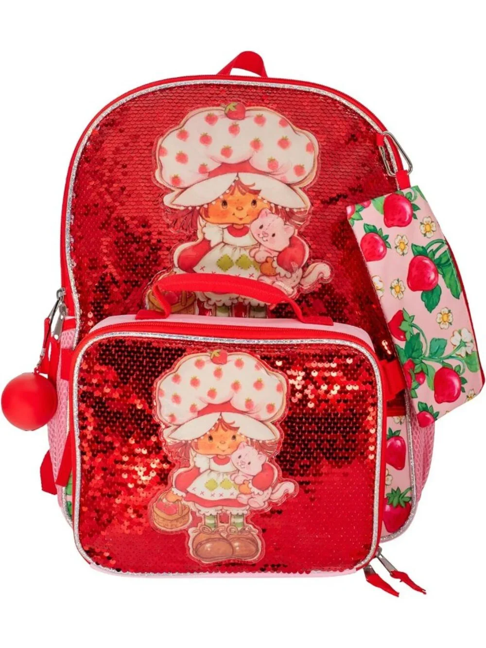 5-Piece Strawberry Shortcake Backpack Set for Girls - Flip Sequin, Pink & Red
